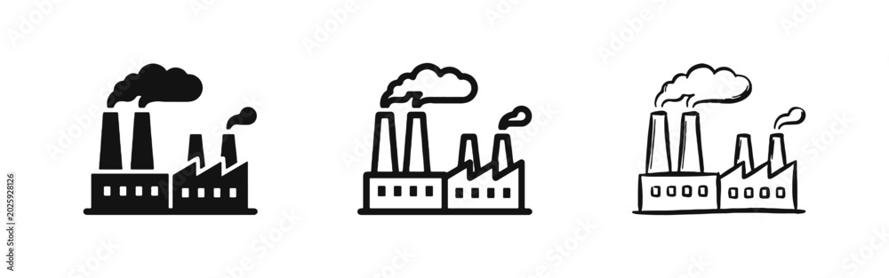 Fototapeta premium Factory Industry Icon Set - Manufacturing and Pollution Symbols in Solid Outline and Hand Drawn Styles