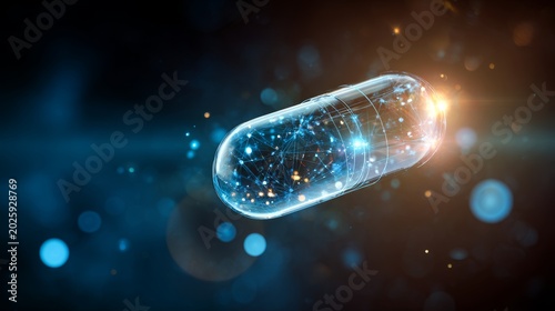 Future medicine capsule with glowing digital network, representing nanotechnology, AI healthcare, science, and innovation