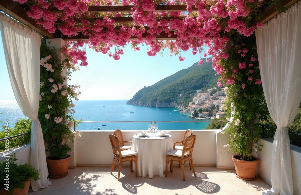 Obraz premium Terrace cafe with table set for meal overlooks sea bay town. Flowers bloom on pergolas above ocean coastal view. Sunny day on Mediterranean island resort.