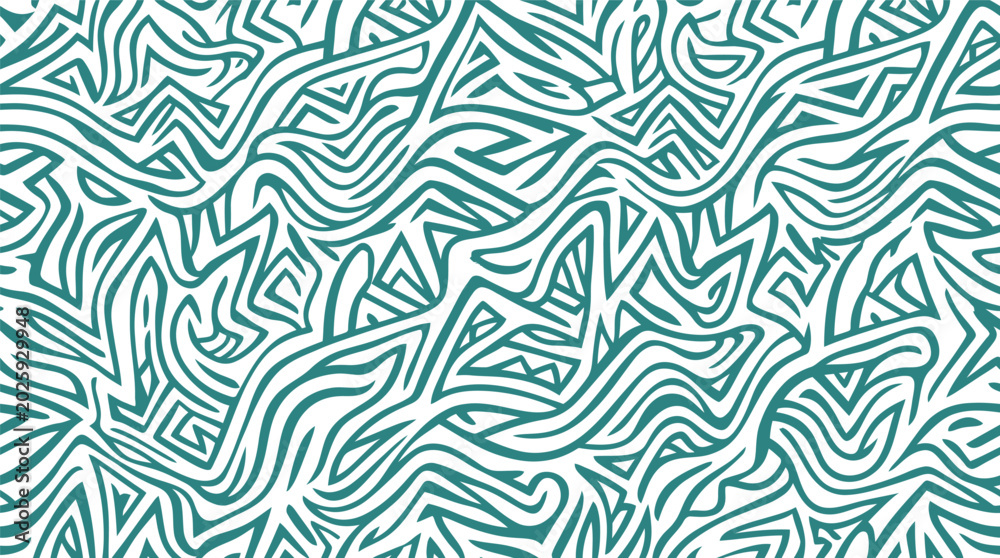 Fototapeta premium Seamless Abstract Pattern with Teal Wavy and Jagged Tribal Style Lines on White Background