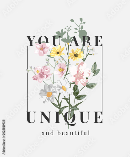you are unique slogan with colorful flowers bouquet vector illustration in square frame - drawn by hand not generative AI