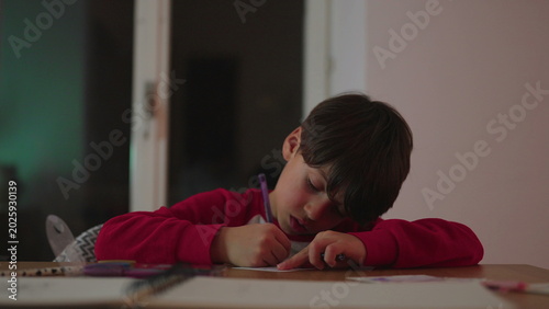 Fotografija Young boy concentrating on homework at table, focused child writing with pencil