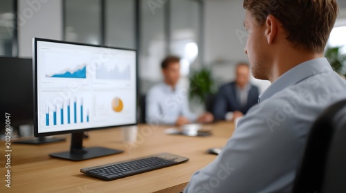 A focused professional views data visualizations and analytical charts displayed on a computer screen in a modern office setting