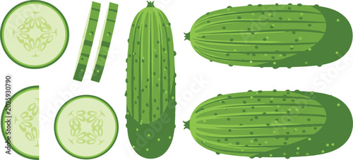 Foto Illustration of fresh green cucumbers with whole, sliced rounds, and stick piece