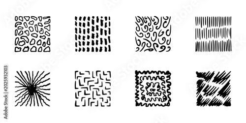 Abstract seamless pattern set in handdrawn doodle style. Minimal geometric textures with organic scribble shapes, naive line art backgrounds and modern vector patterns for branding and textile design