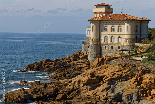 LIVORNO, ITALY, April 20, 2026 : The castle of Boccale built around a watchtower (Torre del Maroccone) by the Medici was then incorporated into a residence in neo-medieval style