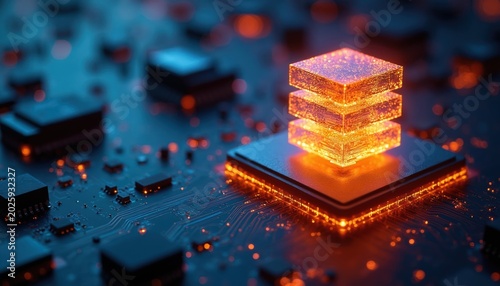 Glowing layered stack icon sits on microchip base. Circuit board shows data processing tech. Futuristic digital infrastructure and cloud computing connection. Information flow on system.