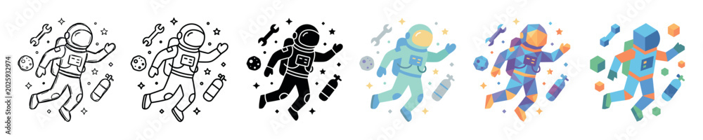 Fototapeta premium Astronaut floating in space with wrench, moon, stars, and oxygen tank multi style icon set
