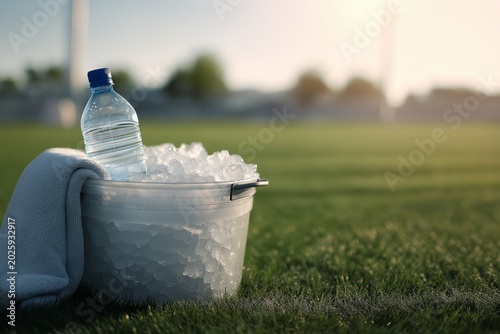 Cooling down after play, bucket with ice and bottle on grass
