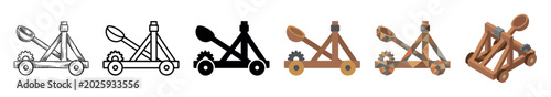 Catapult siege weapon multi style icon set with sketch, outline, glyph, flat, low poly, and isometric styles for historical warfare