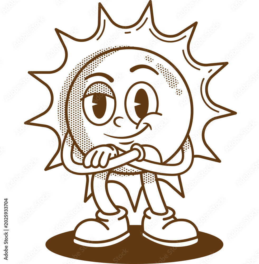 Obraz premium Groovy Retro Sun Character with Arms Crossed Swag Pose, Fun Cute Cartoon Illustration of Cool Confident Stylish Sun Shape with Bold Attitude in Vintage Groovy Style