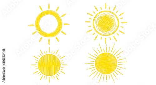 Set of four hand-drawn yellow sun illustrations with a crayon or scribbled texture depicting radiant suns with varying ray styles and artistic feel illustration scribble forecast sunshine