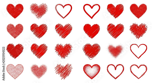 Collection of hand-drawn red heart shapes in various scribbled and outlined textures with scribble valentine romantic collection affection celebration anniversary artistic
