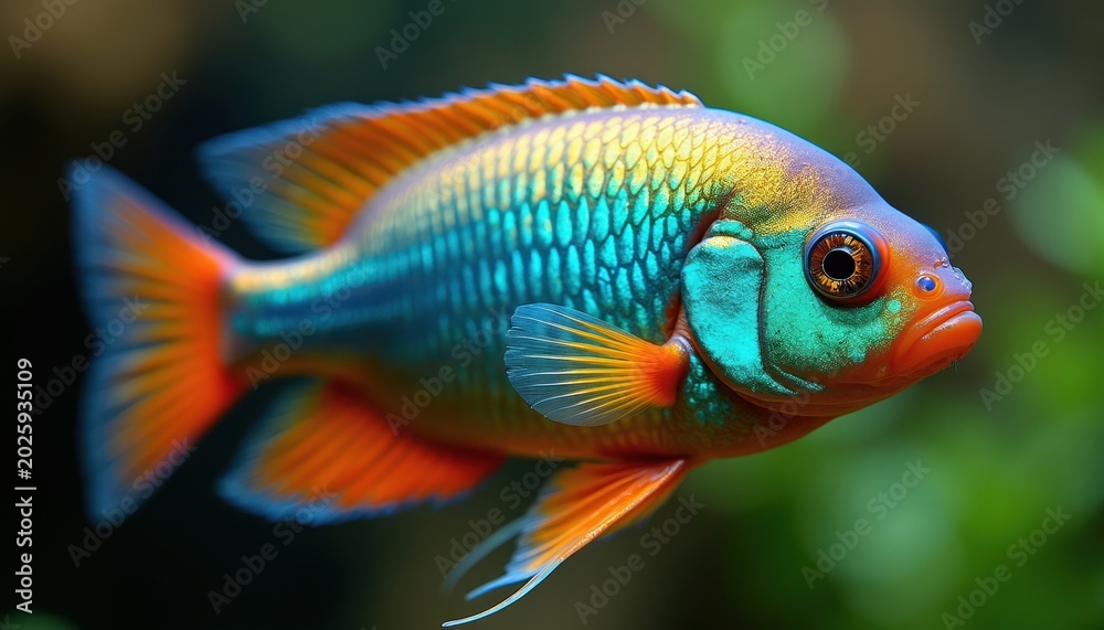 Fototapeta premium Colorful cichlid fish with iridescent scales swims in clear water. Aquatic creature displays vibrant blue green and orange fins. Close up of tropical freshwater aquarium pet.