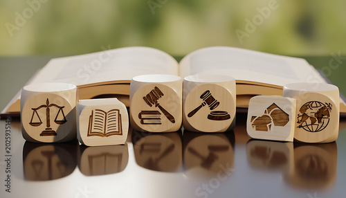 Legal knowledge and judicial principles represented by diverse wooden icons in an open textbook setting
