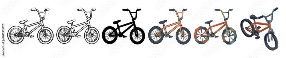 Fototapeta premium BMX bicycle bike cycling sport vehicle multi style icon set with outline, solid, flat, low poly, and isometric styles