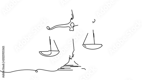 Animation of line drawing of balanced scale symbolizing justice and fairness.