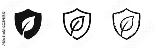 Konstfotografi Eco Shield with Green Leaf Icon Set - Environmental Protection and Nature Securi