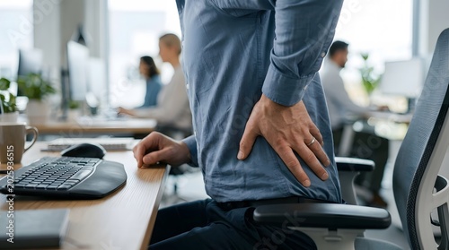 Office worker experiencing back pain while sitting at a desk, with colleagues working in the background.