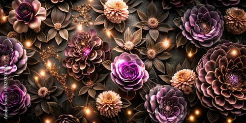 3D wallpaper flowers in gold and cream colors, Mural,neon wallpaper flowers high quality image red golden green flowers with golden leaves on Drak background. White and golden luxury 3d well .