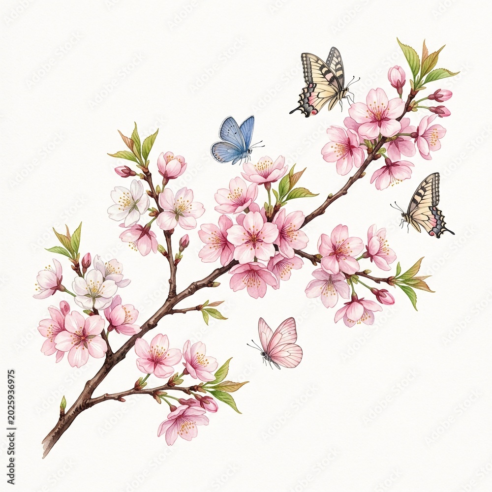 Fototapeta premium Pink cherry blossom branch with butterflies in natural spring setting