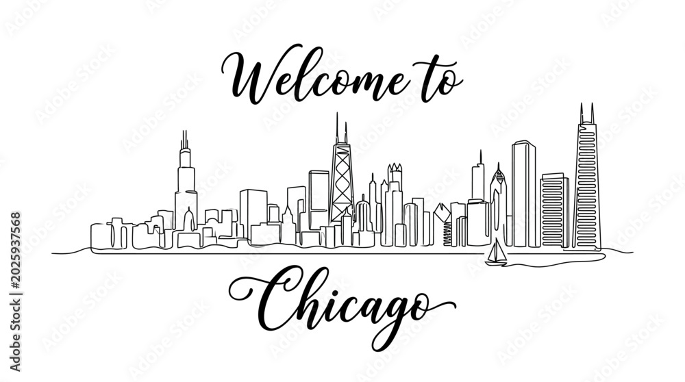 Fototapeta premium Chicago Skyline Line Art - Welcome Sign Monochrome