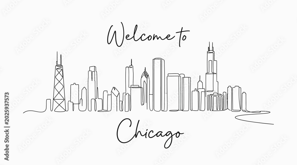 Fototapeta premium Chicago Skyline Line Art - Welcome Greeting, Minimalist Cityscape