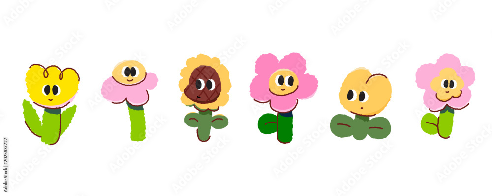 Obraz premium Cute flower characters doodle vector set. Collection of hand drawn kawaii floral cartoons isolated on white background.