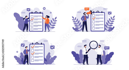 Business task management concept illustrations showing diverse people interacting with large clipboards and checklists to track work progress.