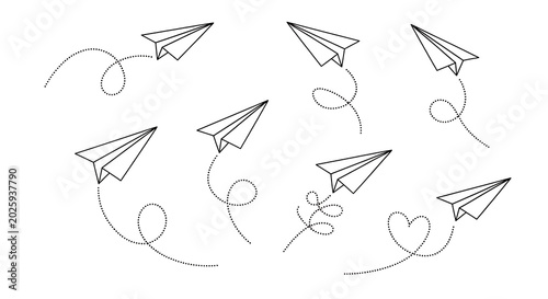 Origami paper airplanes with dotted trails on white background paper airplane dotted line hand drawn transport navigation aeroplane creative movement