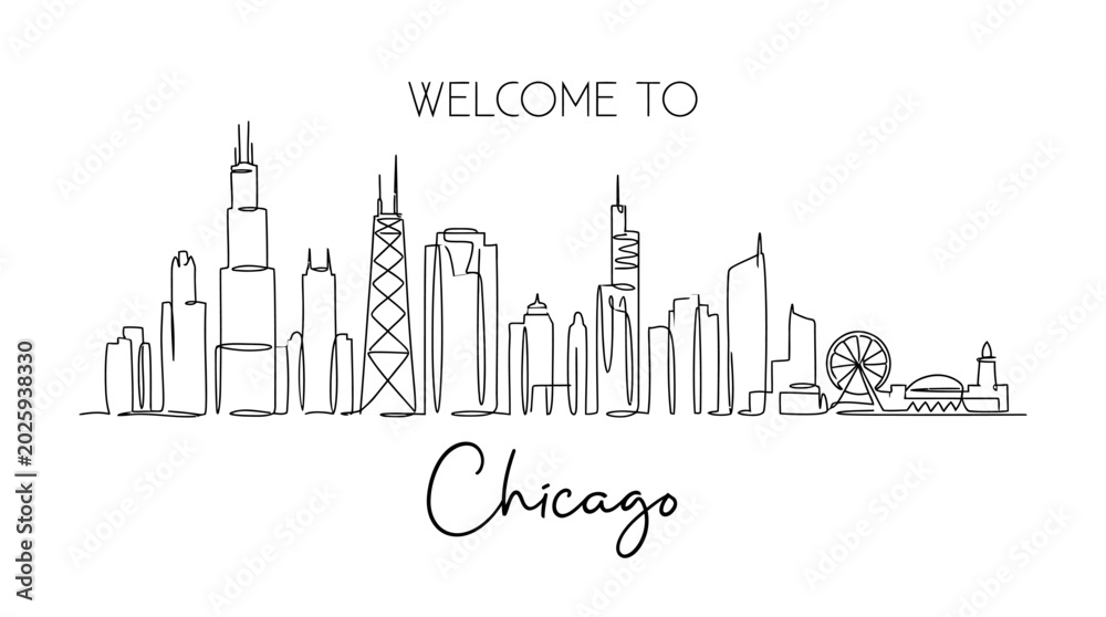 Fototapeta premium Chicago city skyline, continuous line drawing, welcome to Chicago text