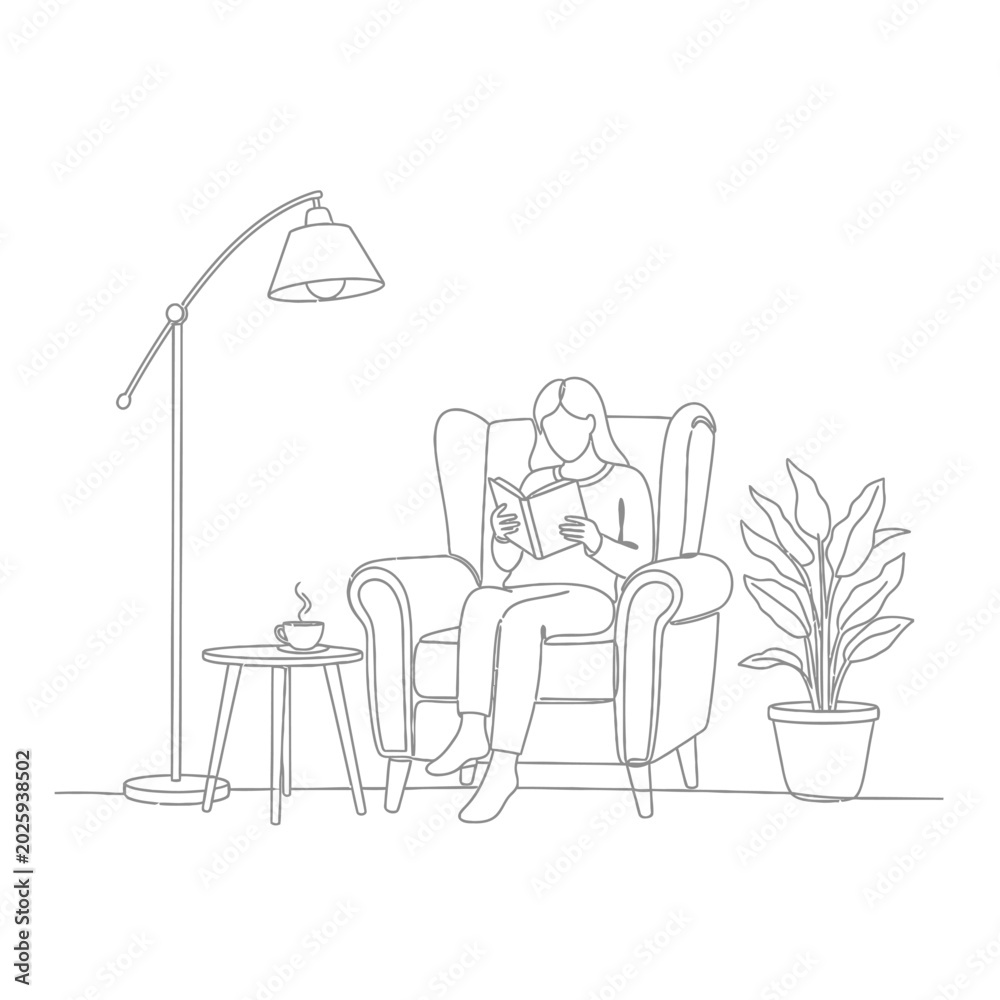 Fototapeta premium Woman reading book in armchair with plant and lamp, line art
