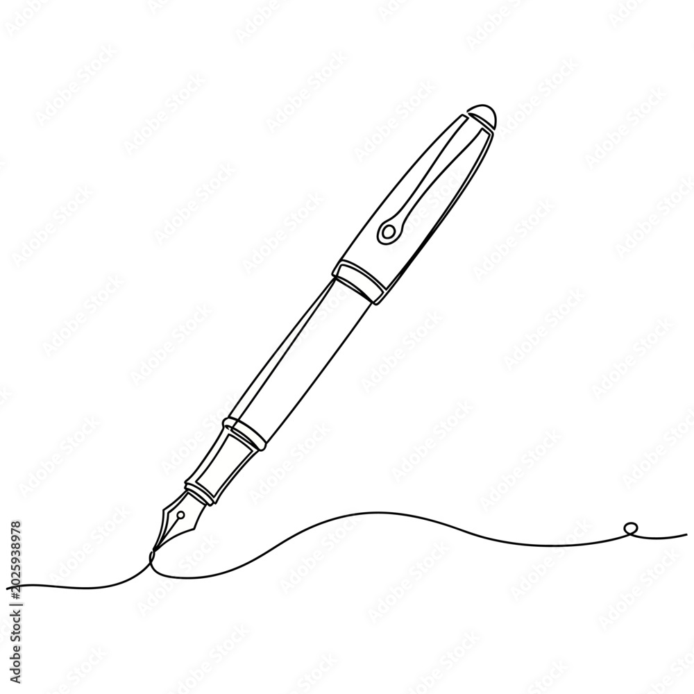 Fototapeta premium Elegant Fountain Pen Line Drawing on White Background