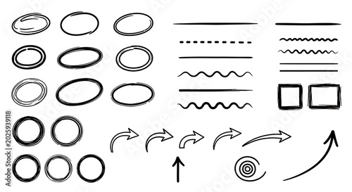 Group of hand-drawn graphic elements including ovals lines arrows with illustration pointers direction communication collection abstract decoration creative