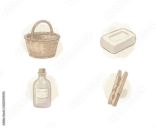 Laundry day symbols with a wicker wash basket, bar of soap, clothes peg, and a glass bottle of detergent, soft naive watercolor