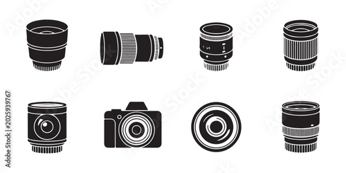 Fotografie Set of black and white photography camera lens icons, various styles of telephoto, wide angle, and prime