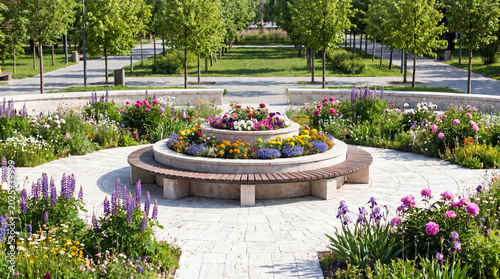 Cascading round flower bed with a bench on the square in the park, urban landscaping, landscape design