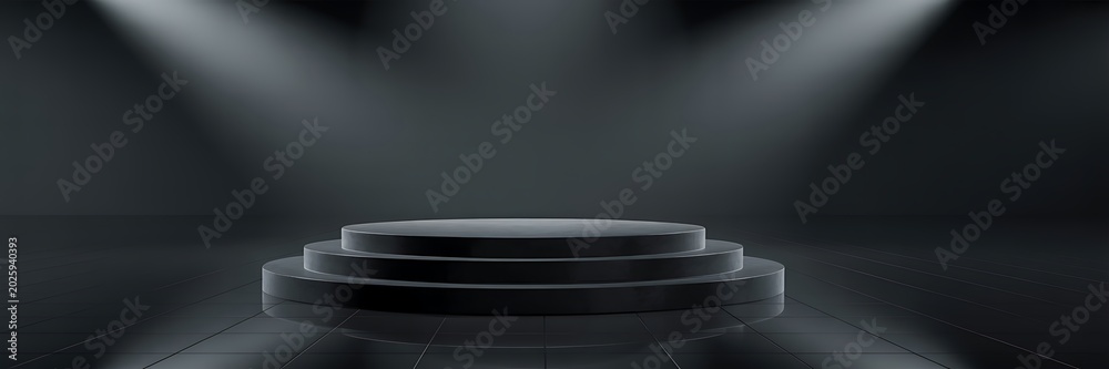 Obraz premium Modern dark three tiered display podium illuminated by dramatic spotlights for product presentation