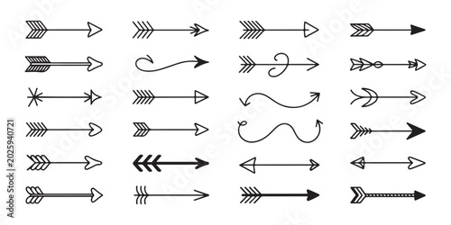 Set of tribal style arrow vectors with feather tails and pointed heads for rustic and bohemian design projects.