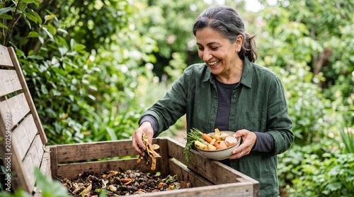 Mature woman composting kitchen scraps at home garden compost bin for sustainable gardening background and backyard care