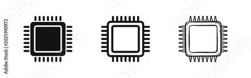 Tableau sur toile CPU Microchip Icon Set in Solid Outline and Hand-Drawn Styles for Computer Hardw