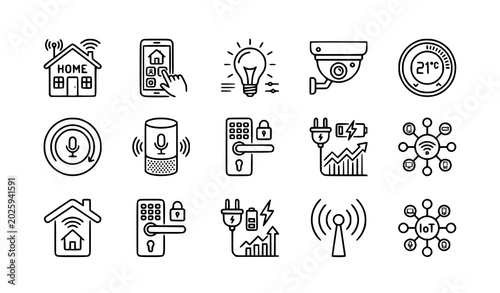 Smart home outline icon set automation security and IoT vector isolated on white background