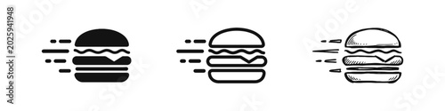 Fast Food Hamburger Delivery Icon Set with Speed Motion Lines