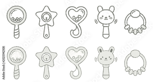 Tableau sur toile Cute Baby Rattle Toy Icon Set Outline and Flat Vector Illustration