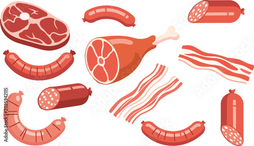 Konstfotografi Raw meat products and processed butcher sausages flat vector illustration collec