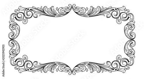 Elaborate black and white vintage frame showcases intricate floral scrollwork and ornamental details for an elegant antique look.
