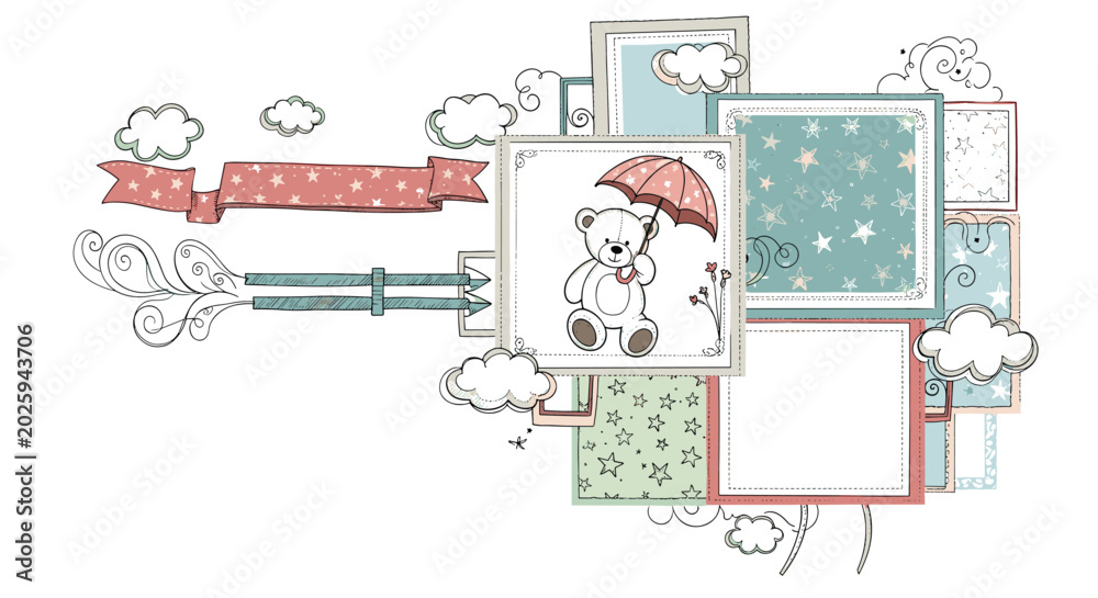 Obraz premium Charming baby-themed collage features a cute teddy bear holding an umbrella, stars, clouds, and colorful decorative frames.