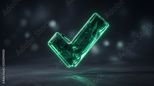 Glowing green crystal checkmark symbol representing success approval or completion on a dark reflective background