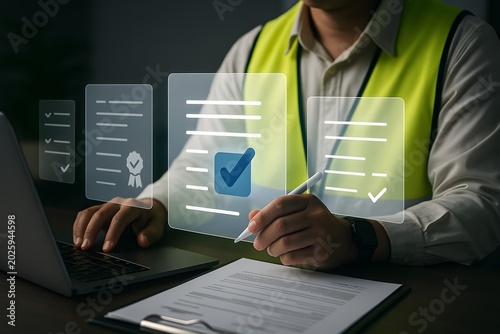 Man in a yellow safety vest working on a laptop with a checklist on the screen