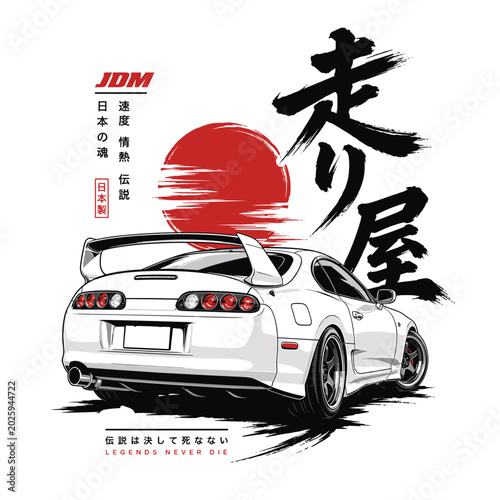 Fotografie Japanese sports car, JDM racing illustration, white coupe vector, drift car desi